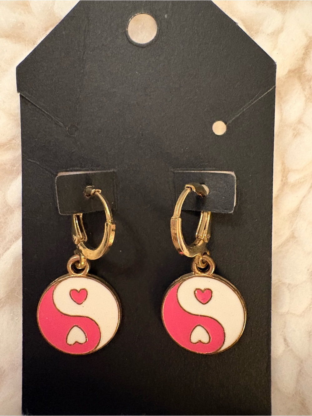 Gold Plated Pink Yin Yang Heart Huggie Hoop Earrings | Coquette Y2K Enamel